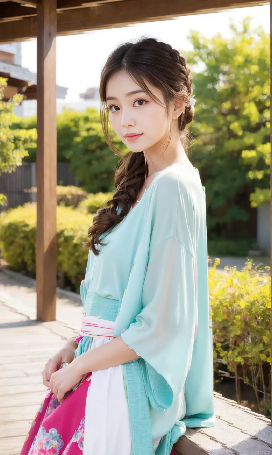Japanese,Youthful, vibrant, elegant,upper body,Soft, natural lighting,Outdoor setting or studio with a natural backdrop,Bright and lively colors,focus on the hairstyle and facial features,Gentle and inviting expression,Contemporary fashion style,