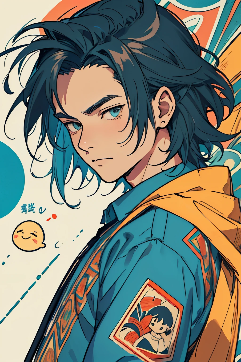 a cartoon illustration of a boy in a blue shirt, in the style of grunge beauty, sandara tang, mixed patterns, text and emoji installations, close up, charming character illustrations, folkloric --niji 5 --s 750