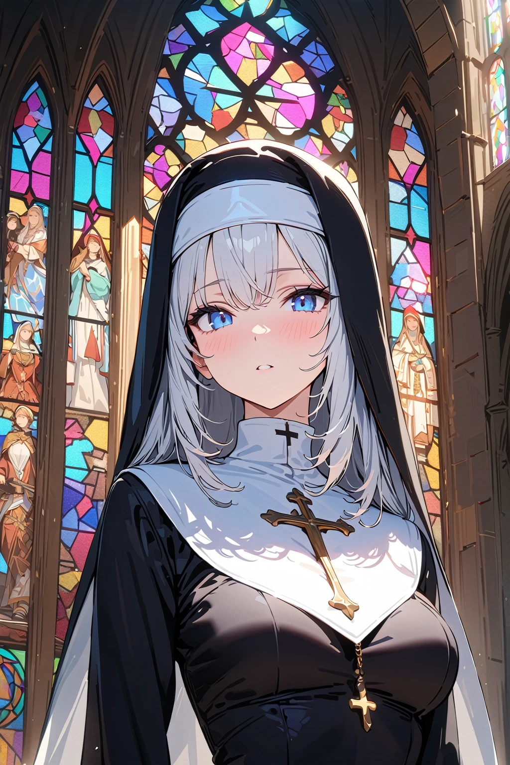 (masterpiece, best quality:1.5), (ultra detailed, high resolution, 8k, beautiful detailed, UHD, best anatomy), 1 cute girl, white hair, medium breasts, nun's habit, church, stained glass, Intense gaze, cross