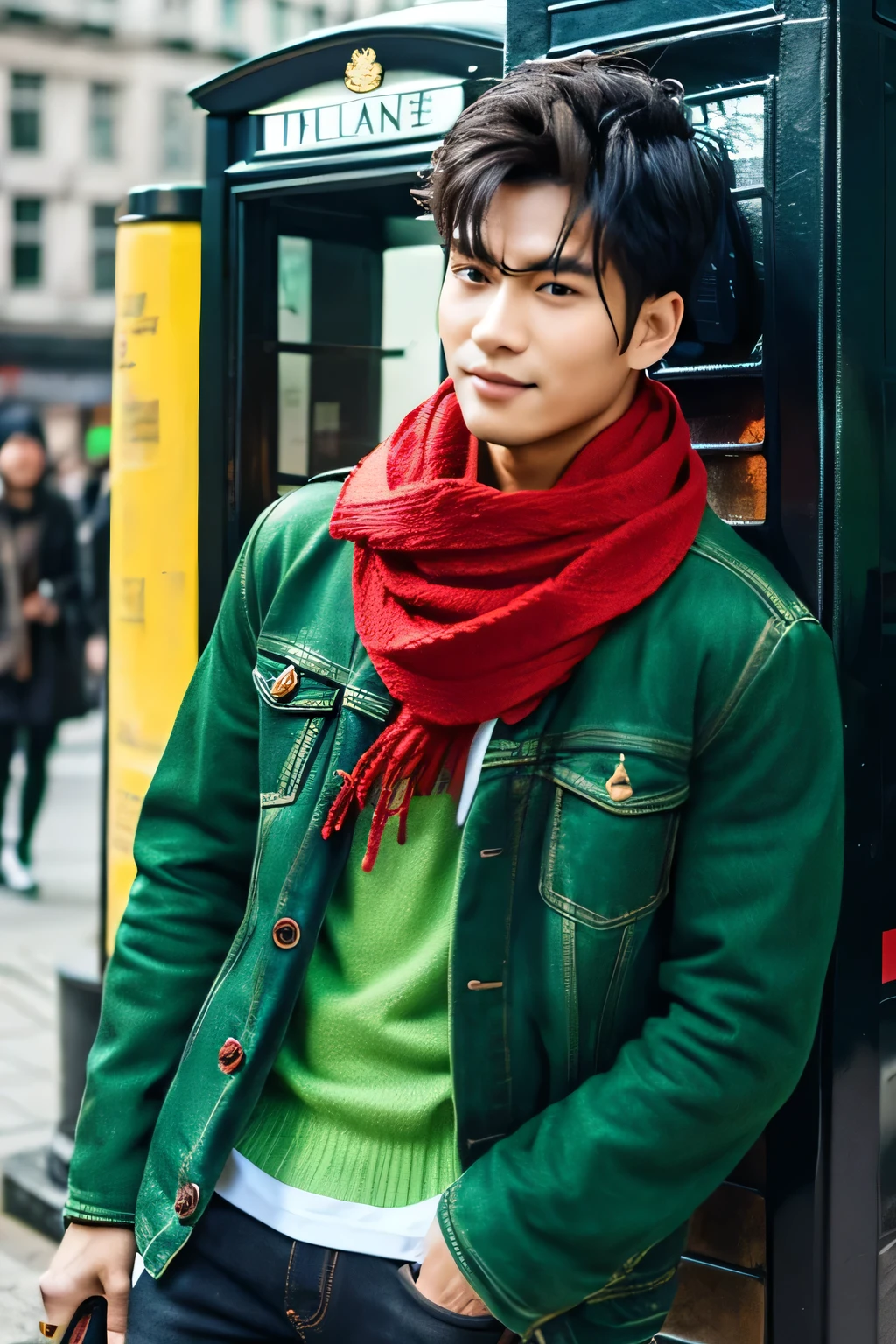 full body portrait of a handsome Indonesian man wearing a green denim jacket,black shirt,red scarf around the neck,the man was calling at a public telephone booth