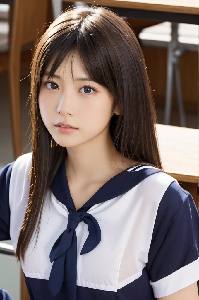 ((masterpiece, Highest quality, High resolution)), 1 Japanese girl, (Realistic: 1.4),Great face and eyes, iris, 15 years old, Medium Hair, (Beautiful Hair:1.5), (Small breasts:1.3), (Skinny body type:1.2), Glowing Skin, (Sailor suit:1.2), Sit at a desk, School classroom, Smooth, Highly detailed CG composite 8K wallpaper, High resolutionのRAWカラー写真, Professional photography, Light, BackLight, dream-like, impressive, Written boundary depth