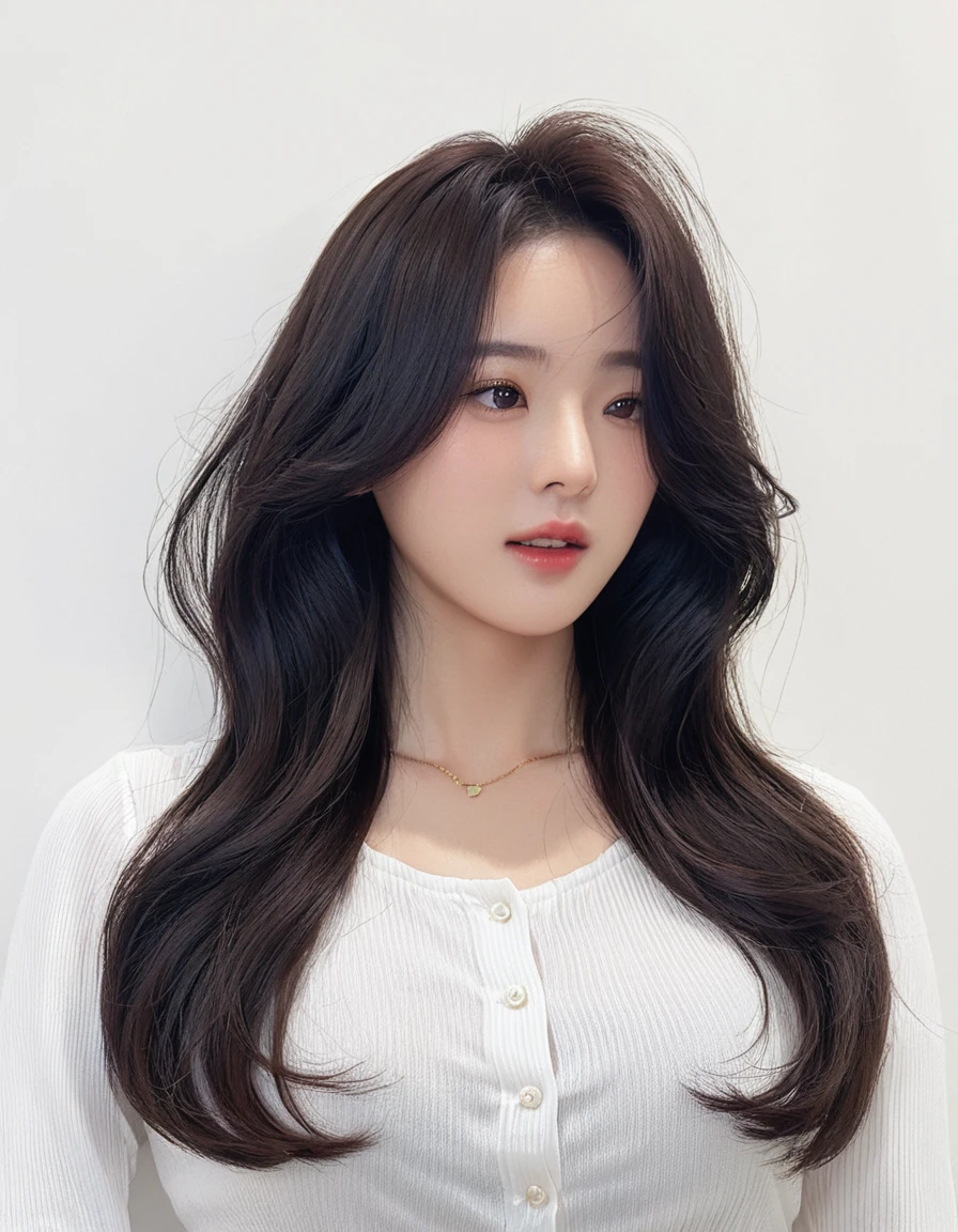 Best Quality, 8k, Masterpiece, (Portrait: 1.3), (photo realistic:1.4), (hyper realistic:1.4), Sharp Focus, looking at viewer, (smoother lighting:1.1), (increase cinematic lighting quality:0.9), realistic lighting, backlighting, light on face, ray trace, (brightening light:1.2), (Increase quality:1.4), sharp detail, (best quality real texture skin:1.4), finely detailed eyes, black_eyes, finely detailed face, 25 year old Korean woman, (white formal_shirt:1.4), (Create an image maintaining the original base model hairstyle:1.5)