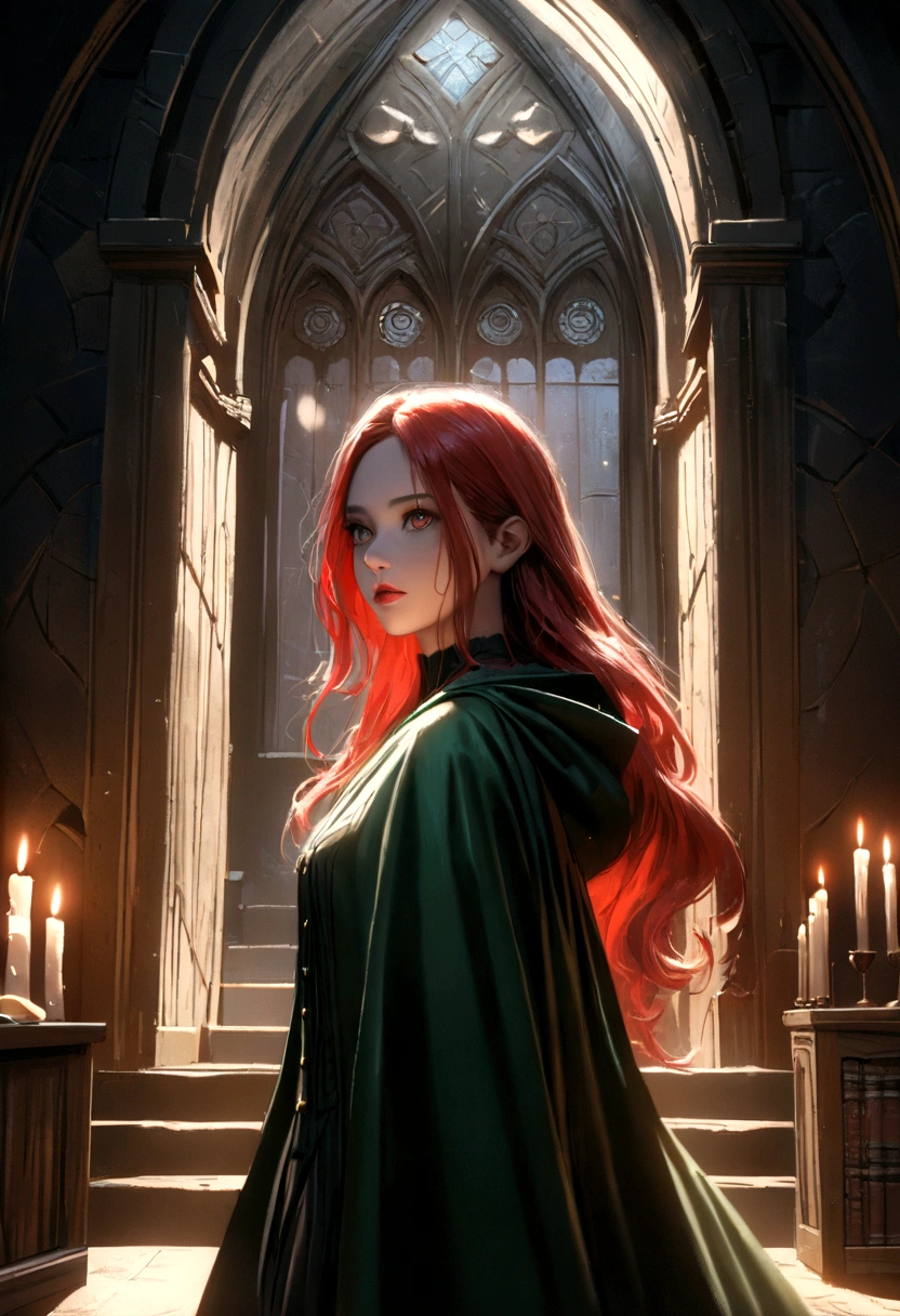 a beautiful young woman with long red hair, lily evans, trapped in a dark room in the slytherin tower, severus snape standing over her, (1girl, portrait, cinematic lighting, dramatic, moody, chiaroscuro, dramatic shadows, highly detailed, intricate details, stunning, photorealistic, masterpiece:1.2), (lily evans, beautiful face, intense eyes, full lips, elegant pose, scared expression, long flowing hair), (severus snape, dark hooded figure, intense gaze, sinister expression, looming over lily), (slytherin tower, ornate gothic architecture, candles, bookshelf, moody atmosphere), (dramatic lighting, deep shadows, dramatic highlights, cinematic lighting), (photorealistic, hyper detailed, 8k, vibrant colors, seamless)