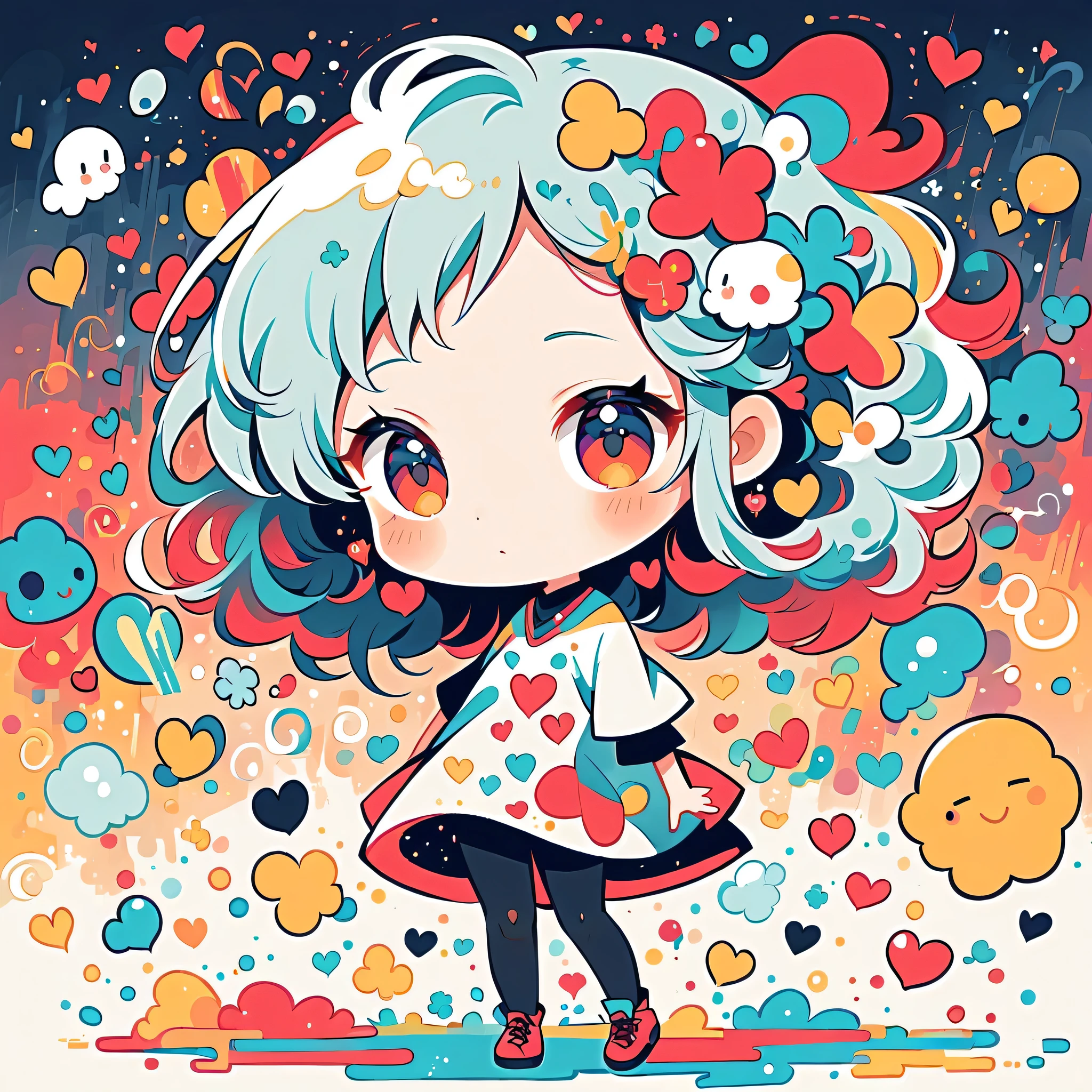 Black Star Red and White style, Simple Line Initialism,Abstract art,Urban Background, colorful hearts ,(((The most beautiful girl of all time))), (((chibi))), walking with Cute amoeba. Rain, 傘を差す