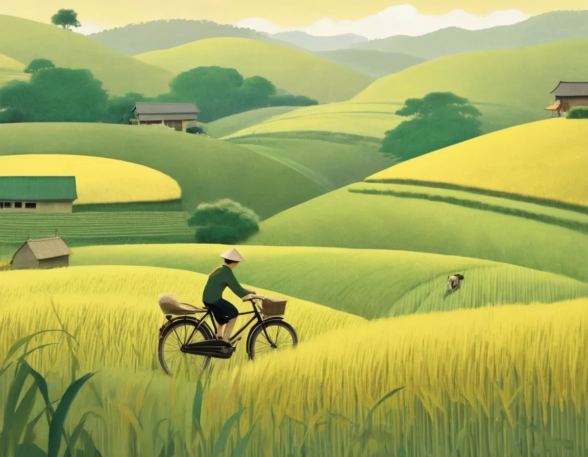 A beautiful illustration, Endless rice fields, half yellow half green, a boy riding a bicycle, Will Barnett (Will Barnet) modeling, Attached are 50D movie stills, Idyllic, Rural, panoramic,