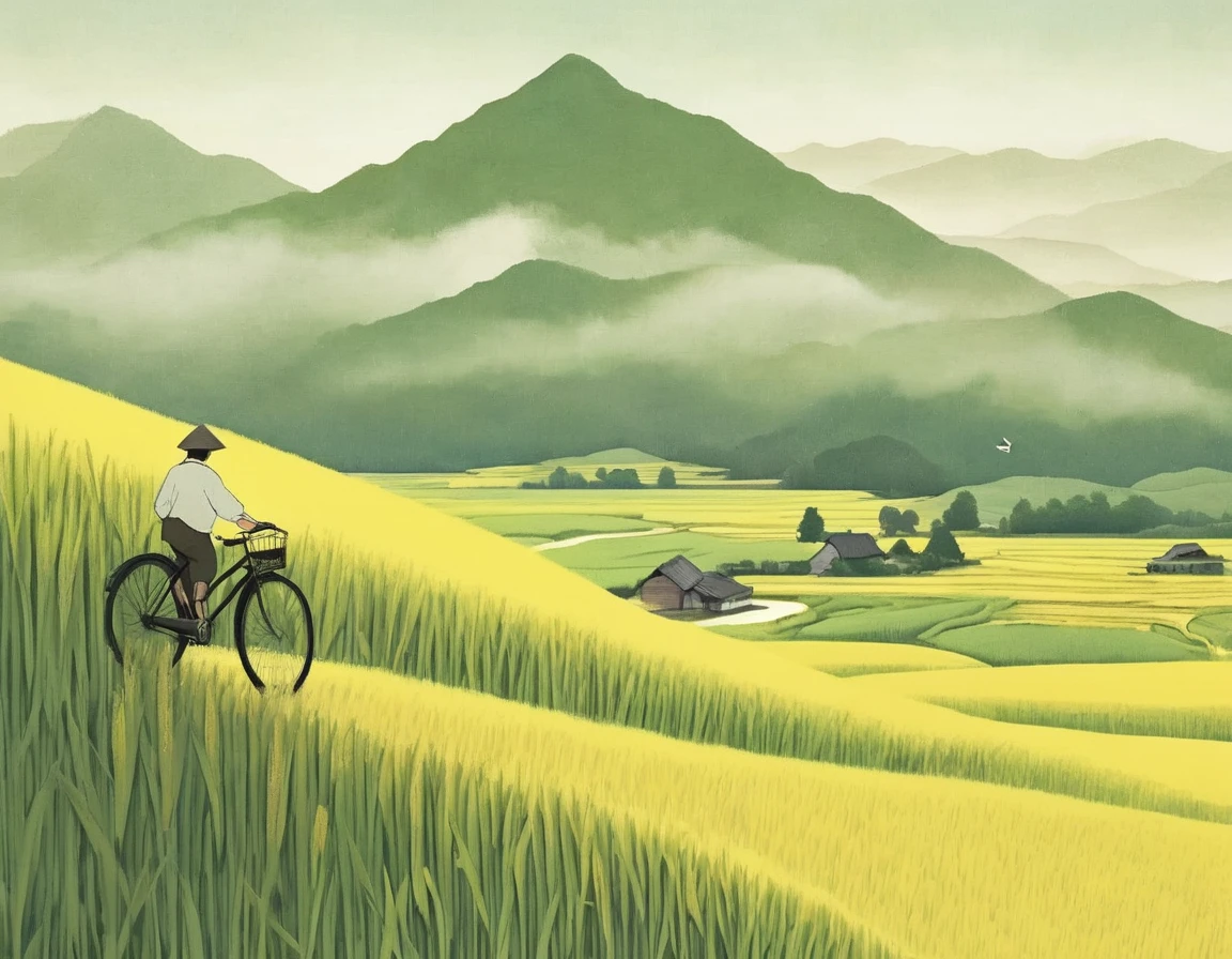 A beautiful illustration, Endless rice fields, half yellow half green, a boy riding a bicycle, Will Barnett (Will Barnet) modeling, Attached are 50D movie stills, Idyllic, Rural, panoramic,