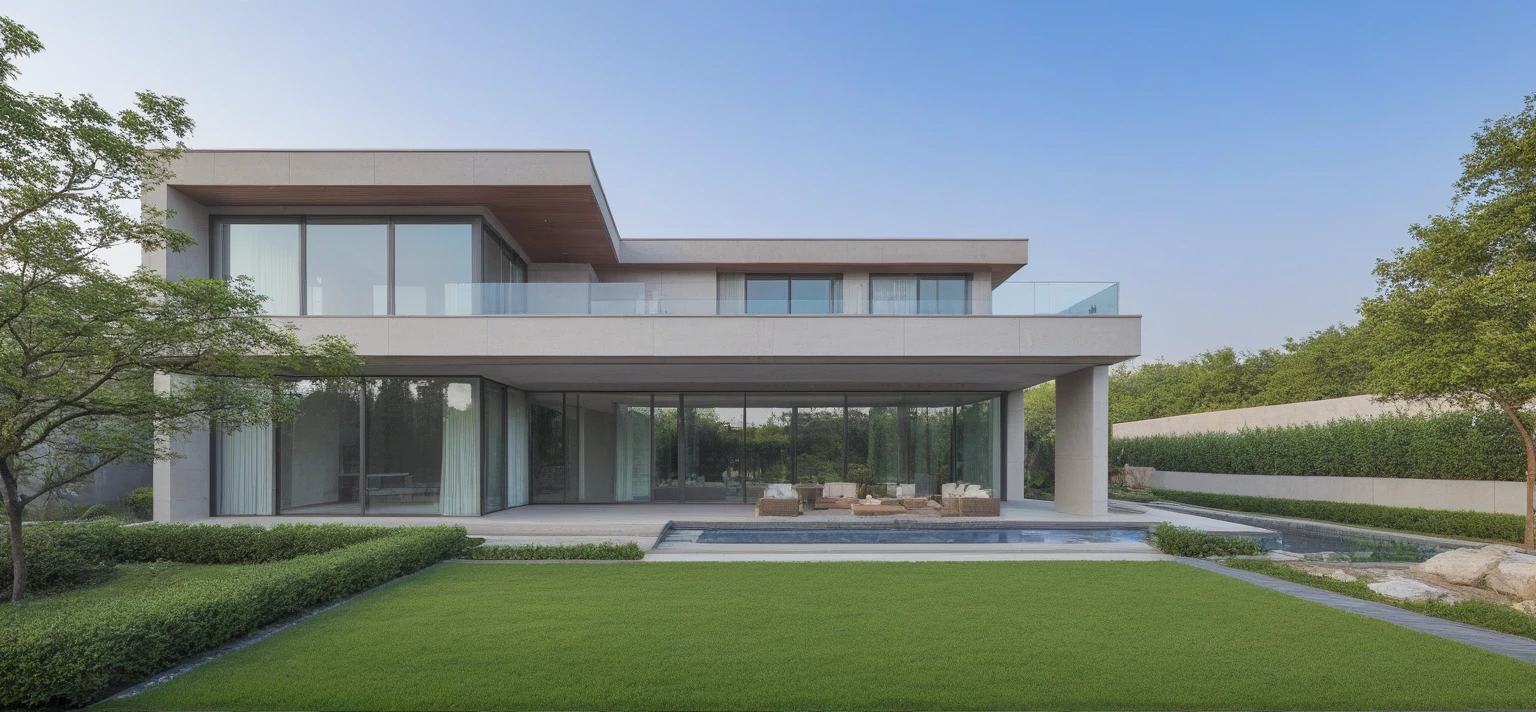 qlcd,tingyuan, photo of modern villa, grassland, garden, shrubs and trees, rock decoration, clear sky, sun light, realistic photo