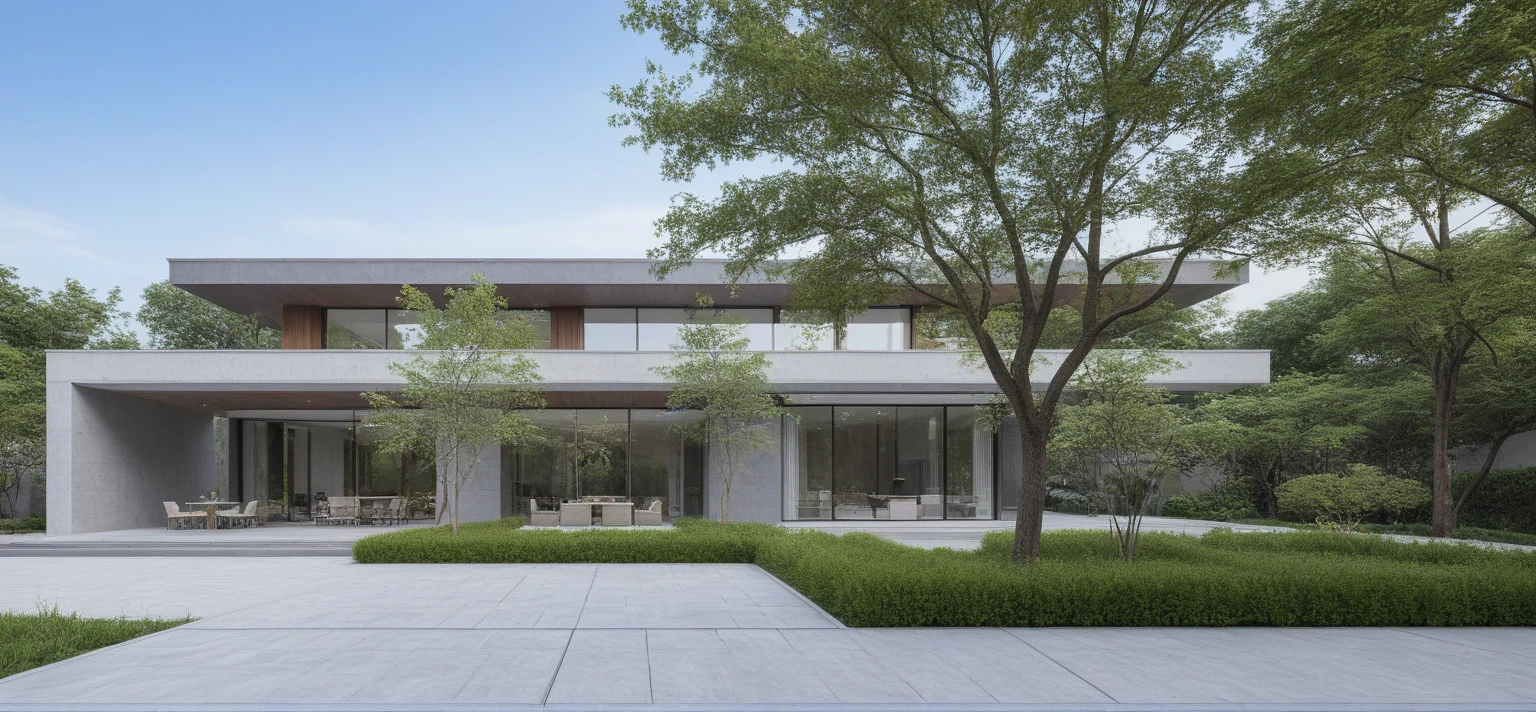 qlcd,tingyuan, photo of modern villa, grassland, garden, shrubs and trees, rock decoration, clear sky, sun light, realistic photo
