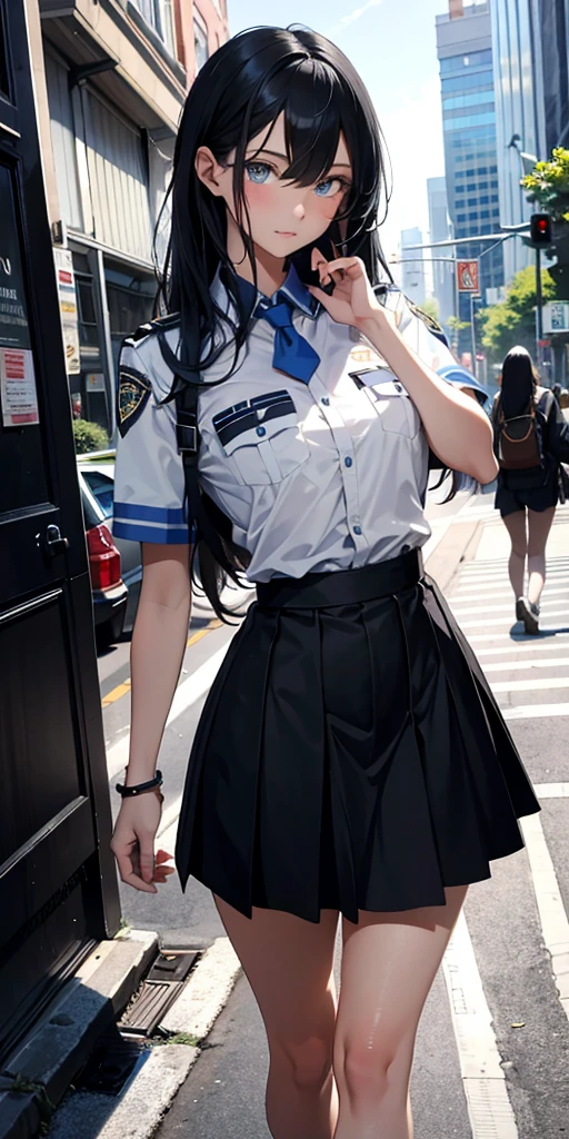 An absurd solution, High resolution, (masterpiece:1.4), Super detailed, One girl,Blue Eye Color, Long black hair，Wear a police uniform and a short skirt, City streets,Sexy posture, The camera is close to the body