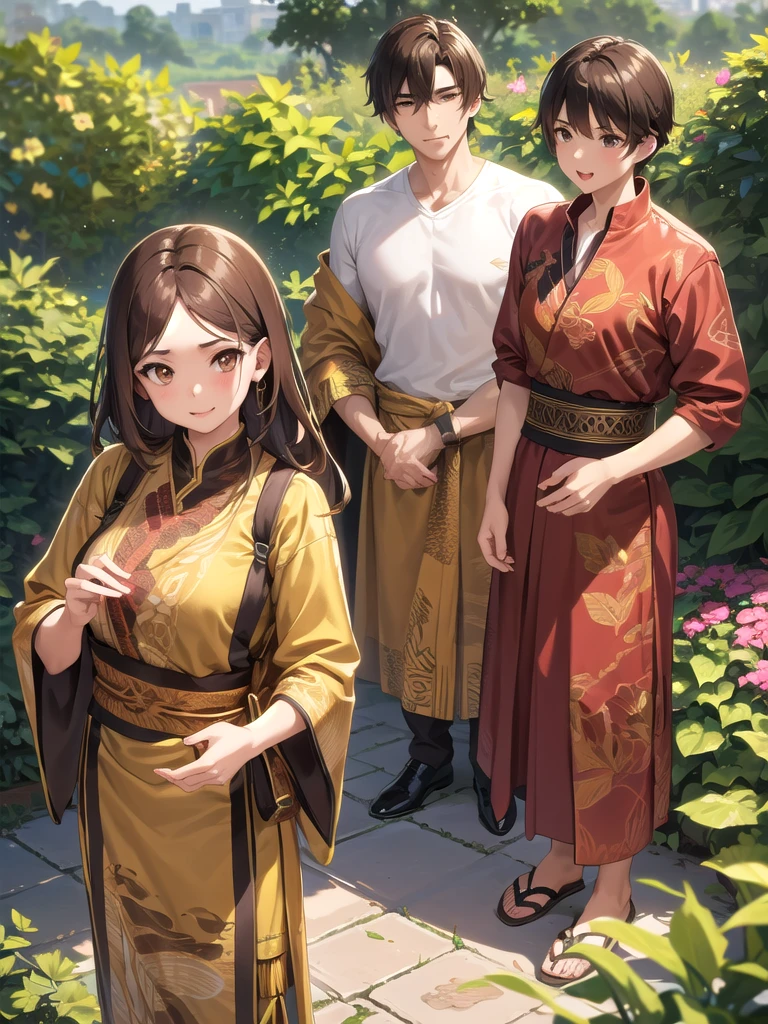 1man, 1 girl, a man with short brown hair, brown eyes, using batik clothes on garden set, girl with long brown hair and brown eyes