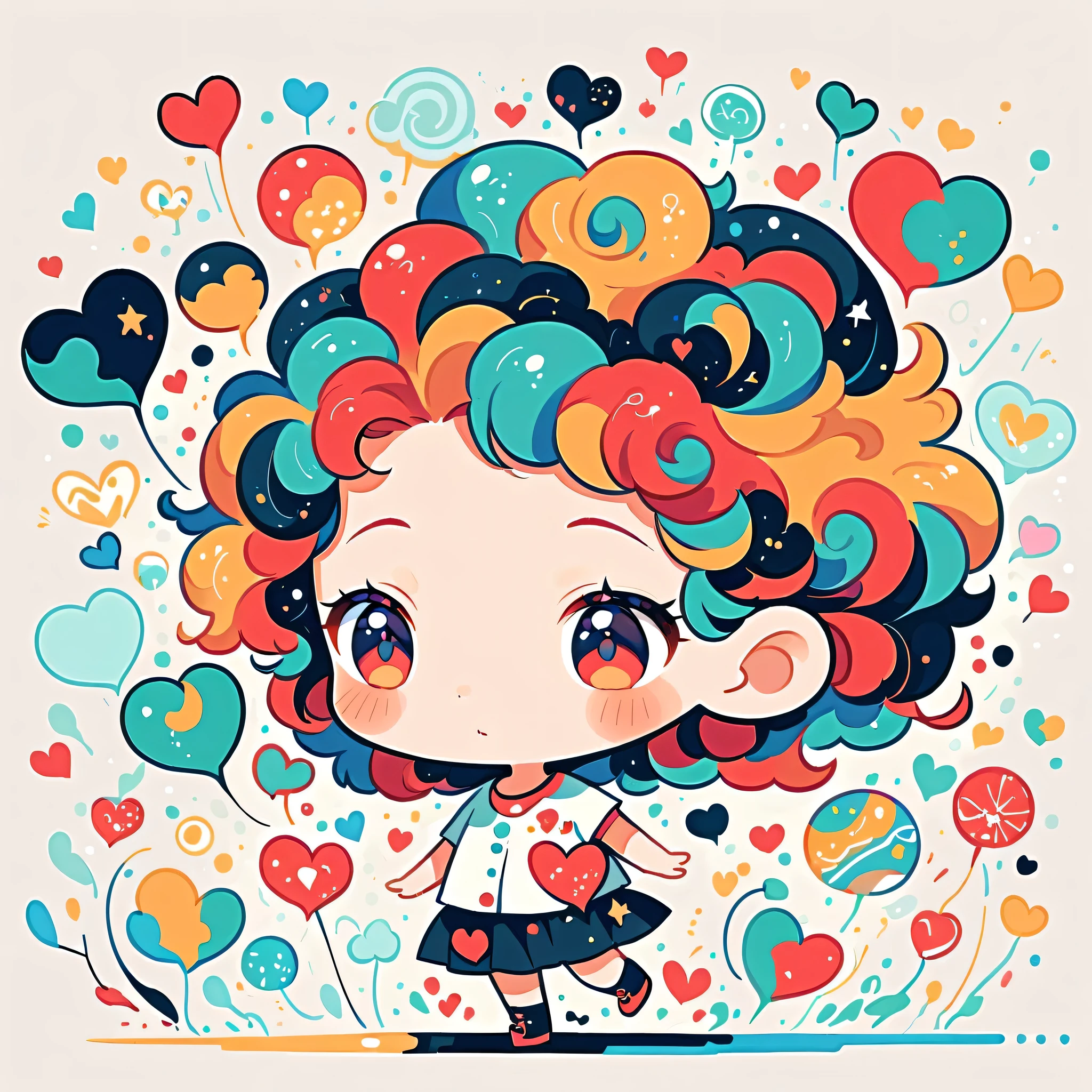 Black Star Red and White style, Simple Line Initialism,Abstract art,Urban Background, colorful hearts ,(((The most beautiful girl of all time))), (((chibi))), walking with Cute amoeba. Rain, 傘を差す