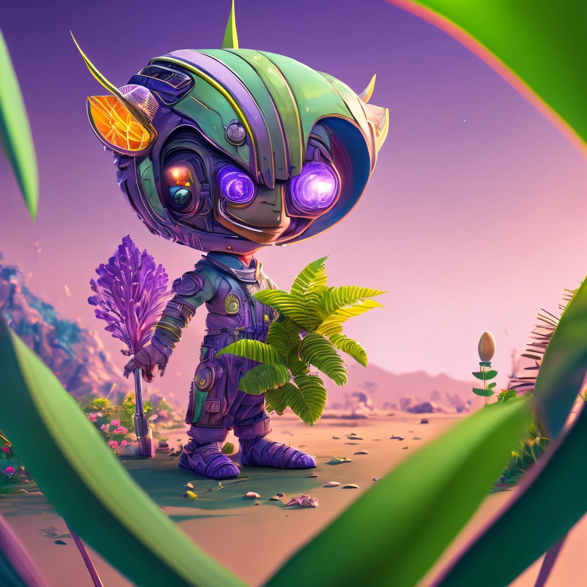 Painting of an ultra-detailed One, realisitic, and adorable cute alien character is depicted in this artwork. The character is small and has a friendly and adorable appearance. The Alien is set in a purple-colored world filled with abundant exotic vegetation. The art style is inspired by anime, giving it a unique and distinctive look. Art is created in 8k resolution, ensuring the best quality and capturing every intricate detail of the alien and its surroundings. Vibrant, vivid colors enhance the overall visual experience, while lighting creates a sense of depth and dimension in the artwork. This masterpiece showcases the artist&#39;s expertise in creating high-quality, visually stunning illustrations.