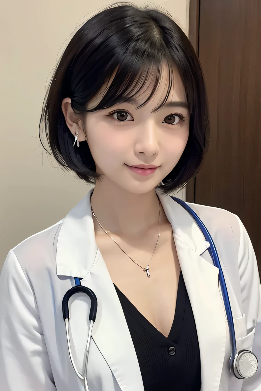 Beautiful young woman、 Japanese women、Black Hair、Necklace around the neck、White、Doctor's attire、Stethoscope、Wavy Hair、short hair、Intricate details, Very detailed:1.2), 、 Looking into the camera,The background is the examination room...、ear piercing