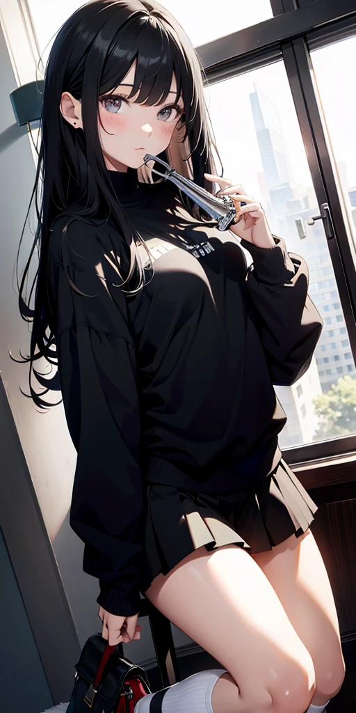 high resolution。High resolution、Low - Angle、masterpiece、Beautiful black-haired girl、17 years old、Round eyes、Playing the Trumpet、miniskirt and knee socks。sweating、high resolution8K