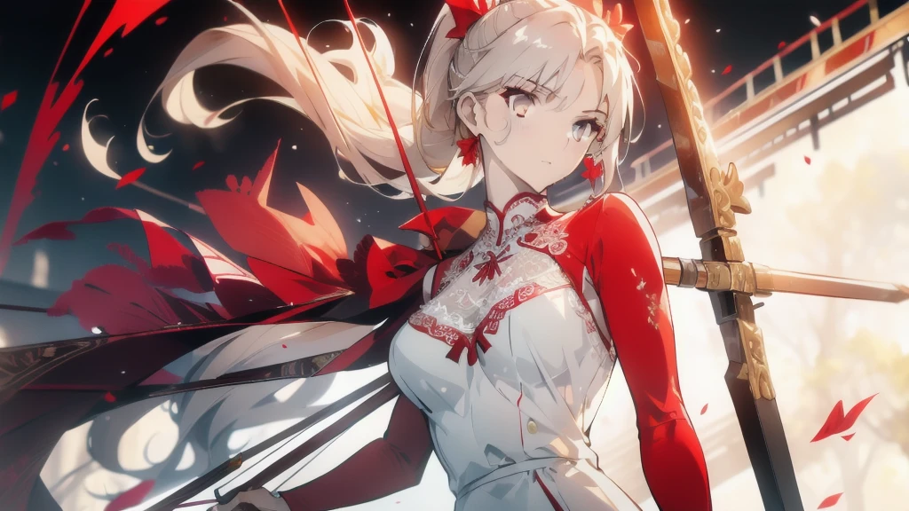 ((masterpiece, best quality)), Delicate face,red,Archer,holding a longbow,whole body,Standing picture,Long legs,Large Breasts,Gradient double ponytail hairstyle,Perfect body proportions,Pretty golden eyes,Extremely beautiful,transparent, Pure white background,Erotic_lingerie,sexly_比基尼,Lace,Garter stockings