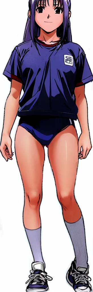 Momoko Koigakubo, a tall girl with beautiful legs, is wearing white gym clothes and light navy blue bloomers that look like panties, and is standing with her legs spread to the sides and her mouth open, smiling.。