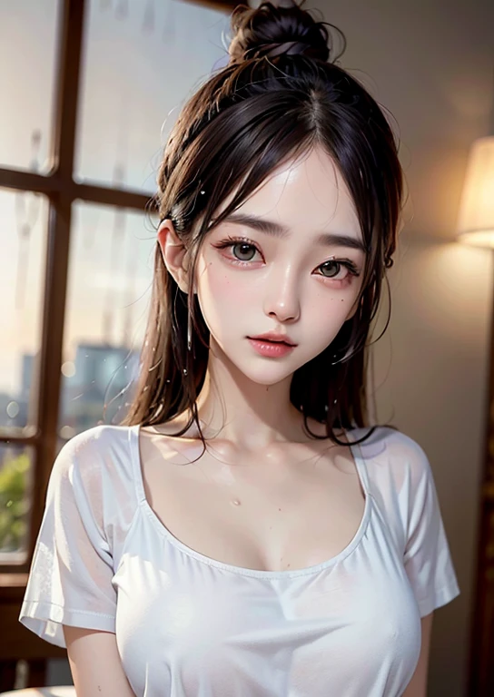 (((Upper body shot，Close-up photo)))、(((long hair，Bun hairstyle)))、(((Rainy Day，get wet)))、(((White summer chiffon shirt，get wet雪紡衫)))、18 years old、Smile、girl、Plump breasts、Point on chest、Penetrating breasts、Showing nipples、Light eye makeup、Ultra-realistic faces、High resolution 16K、Skin texture must be natural、Use natural light and color、 High-quality photos taken by model agencies.