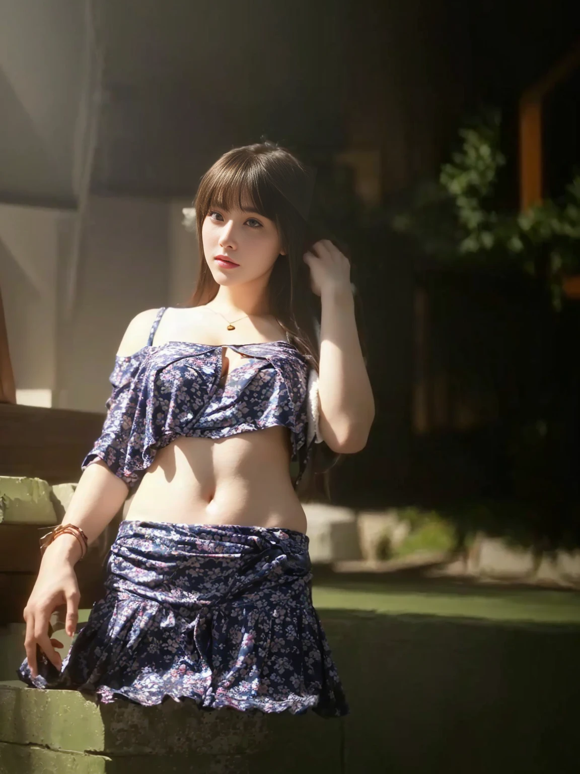 (lifelike, high resolution:1.3), 1 girl with a perfect figure, The face shape and eyes are super beautiful,Long hair, Random color vest:1.2, Short jeans, Big boobs,Showing cleavage