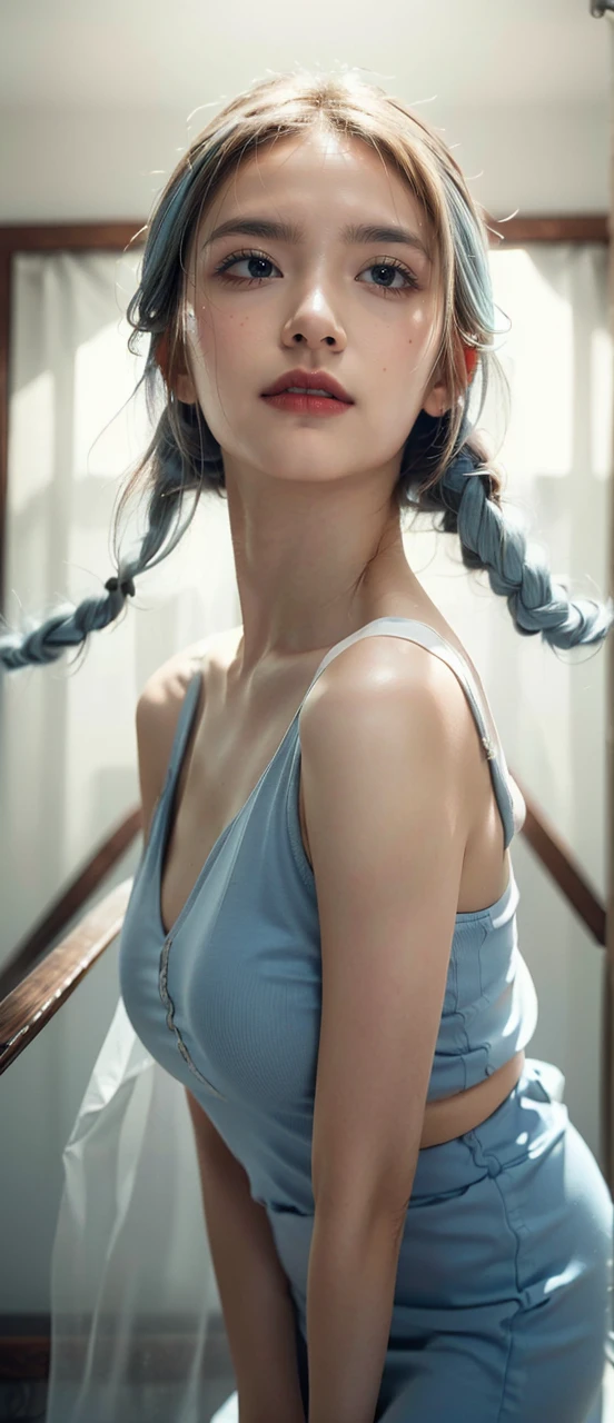 1girl, long light blue hair, white skirt, close-up, beautiful detailed eyes, beautiful detailed lips, extremely detailed face, longeyelashes, (best quality,4k,8k,highres,masterpiece:1.2),ultra-detailed,(realistic,photorealistic,photo-realistic:1.37),portrait,soft lighting,delicate,feminine,serene