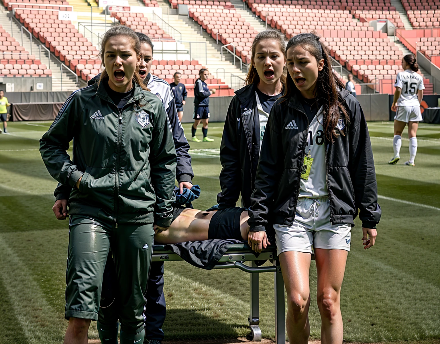 an injured soccer player in a lying position seen in a directly frontal view, a soccer scene in a sports stadium, cool and wet weather conditions, humide ground, rainy sky, injury scene in a sports stadium, stretcher carry, there are four female medics carrying a stretcher, there are four female medics in very shiny coats who are carrying a stretcher in a sports stadium, there is a wounded male soccer player in a matte short cotton sports outfit lying on the stretcher, an injured male soccer player in matte cotton sportswear is lying in pain on a stretcher, a soccer player in matte cotton sports clothes is rearing up in intense pain while lying on a stretcher, dramatic scene, theatralic posing scene, dramatic pity scene, injury soccer, first aid, help, pity, there are four female medics in wetlook high-shine coats who are looking very sad and very terrified and very shocked, the injured soccer player is screaming out in pain while he is carried from the pitch on a stretcher