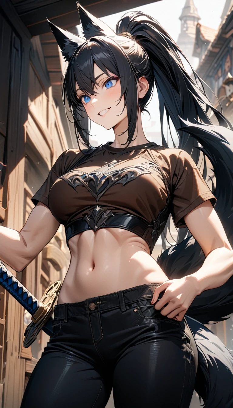 Adult girl, long black hair, high ponytail, blue eyes, muscles, smile, brown fantasy shirt, short sleeves, leathee sleeveless jacket, black pants, open belly, sword, fox ears, fix tail, Masterpiece, best quality, Full HD, 8k, ultra details, great graphic