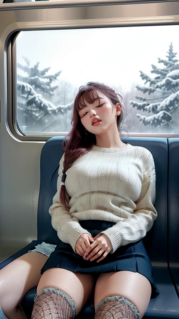 20th generation women,,Bangs are all lined up、Cyan hair, ponytail hairstyle, close your eyes, Sleep soundly with your mouth open,plump lips., Lips shining with lipstick、slender body、The chest is、She is a little bigger than the standard size and is sleeping soundly sitting on the long seat of the train., sleeping with head leaning against the wall.she closes her eyelids and sleeps soundly.she is wearing a sweater and a miniskirt, Fishnet tights and long boots with high heels 、Composition seen from below, sit with legs apart and knees apart.Pants are visible、Both arms hang down、Both hands are weakly resting on the seat、Full body diagram from head to toe.
Images of people are close to reality、Composition seen from the seats facing each otherwall.
