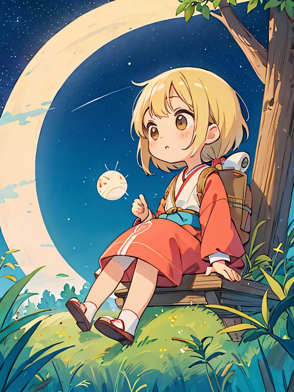Hayao Mayazaki style, Kawaii Design, The most beautiful girl of all time、Chibi, Sit down and look up at the night sky, かわいいアメーバ, Star of the sky