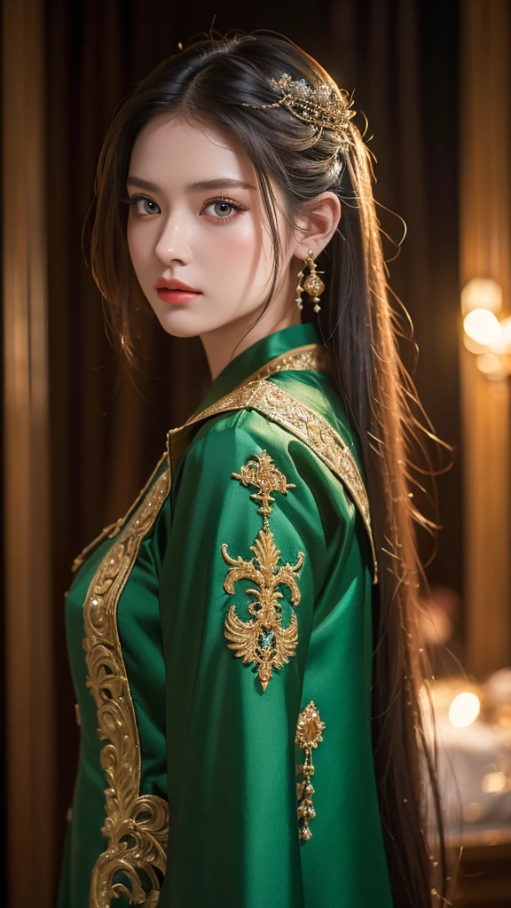 (8k, RAW Photos, highest quality, masterpiece:1.2), (Realistic, photo-Realistic:1.37),One girl, 20-year-old、dress, Green Eyes, Long Hair, super detailed cloth, beautiful decoration on dress,　The Demon King&#39;s Mansion