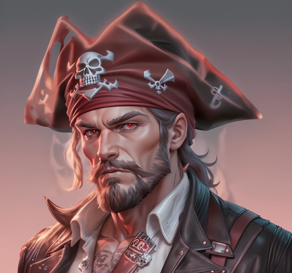 A strong long-haired man,Wearing leather jacket,Wearing a black hat with a skull logo on it,Dark red headscarf,HD quality,High-quality posters,Game Icon,4K,