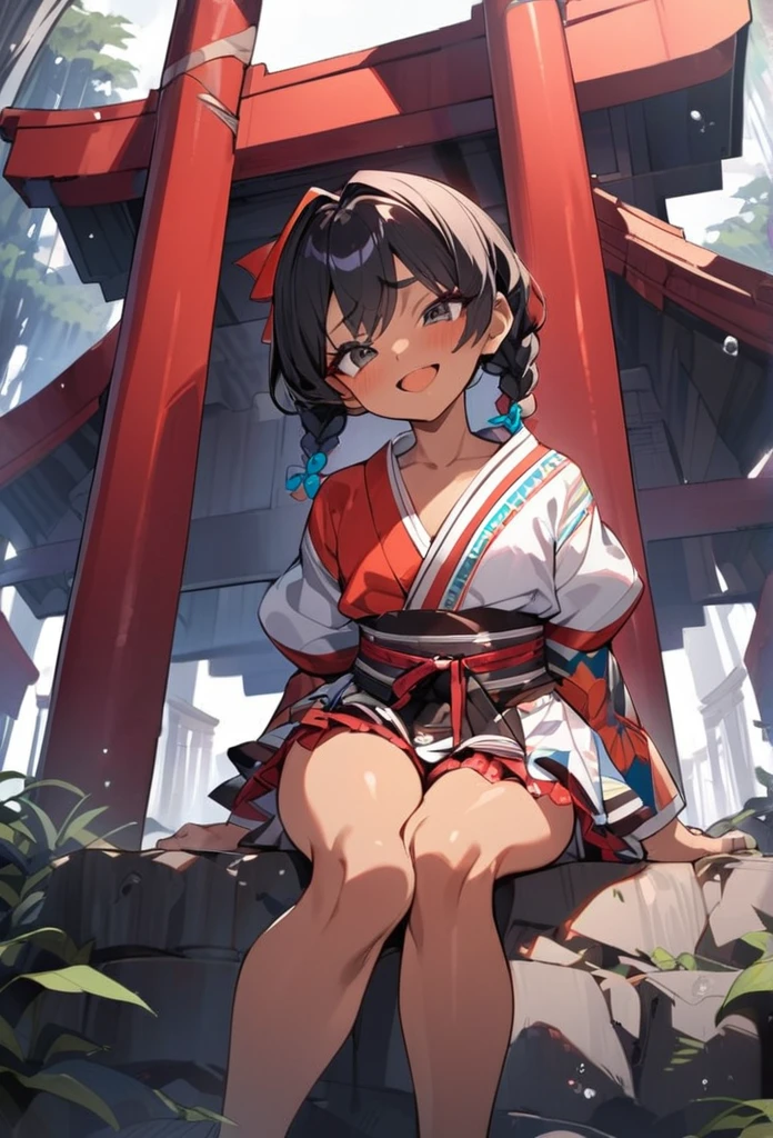 (anime style),masterpiece, best quality, extremely detailed,tanned skin Children,dark skin Beautiful body,BREAK,multicolored colorful hair,short hair,twin braids,BREAK,black eyes,happy smile,shy,eyebrow,smug,open mouth,eyes widen,sensual face,smile face,detailed lips,False eyelashes,BREAK,sitting back,cotton red big ribbon,BREAK, kimono,frilled clothing microskirt,break,head tilt,in the torii