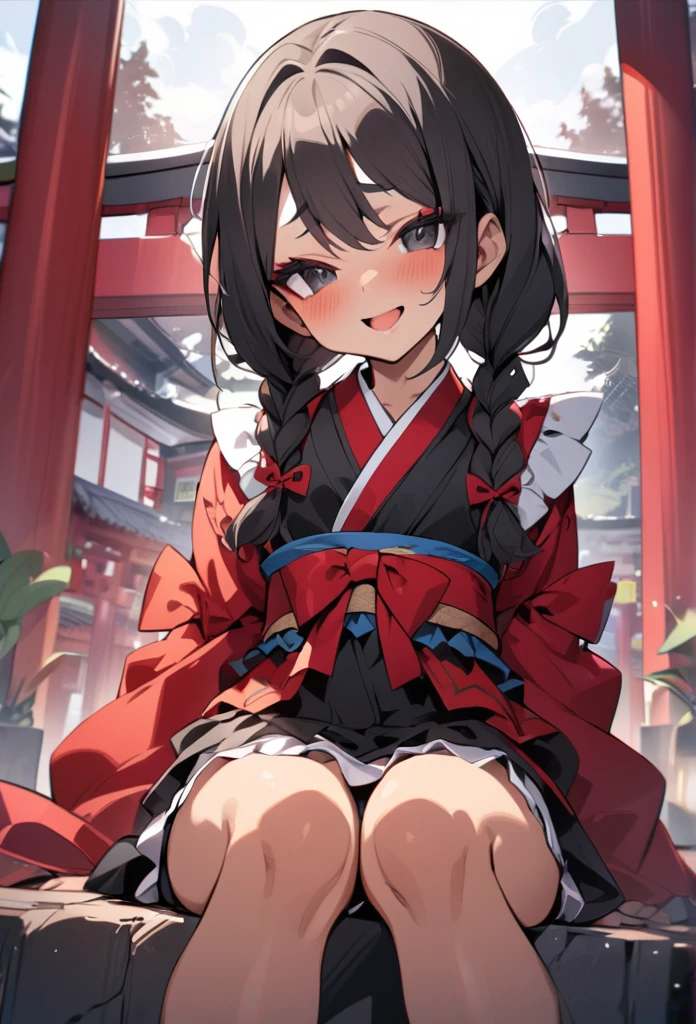 (anime style),masterpiece, best quality, extremely detailed,tanned skin Children,dark skin Beautiful body,BREAK,multicolored colorful hair,short hair,twin braids,BREAK,black eyes,happy smile,shy,eyebrow,smug,open mouth,eyes widen,sensual face,smile face,detailed lips,False eyelashes,BREAK,sitting back,cotton red big ribbon,BREAK, kimono,frilled clothing microskirt,break,head tilt,in the torii