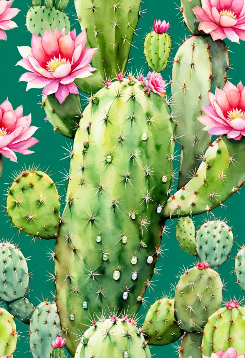 a painting of a cactus with flowers and leaves on a green background, patchy cactus, cactus and flowers, cactus, cactus everywhere, robotic cactus design, cactus, lush green cactus, Seamless pattern design, The desert is a watercolor painting, saguaro cactus, cactus and pearls over the head, Desert Flower, repeating fabric pattern, Botanical Watercolor Painting, graphic printing