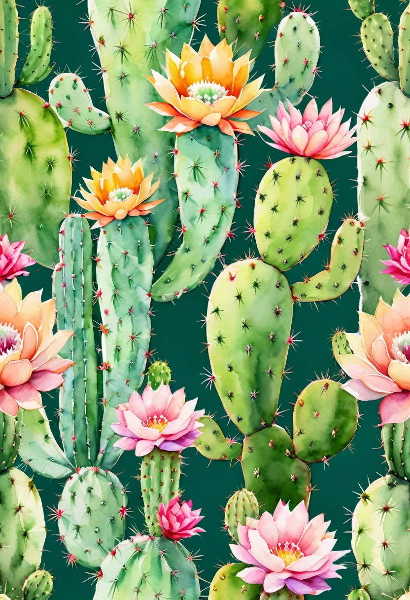 a painting of a cactus with flowers and leaves on a green background, patchy cactus, cactus and flowers, cactus, cactus everywhere, robotic cactus design, cactus, lush green cactus, Seamless pattern design, The desert is a watercolor painting, saguaro cactus, cactus and pearls over the head, Desert Flower, repeating fabric pattern, Botanical Watercolor Painting, graphic printing