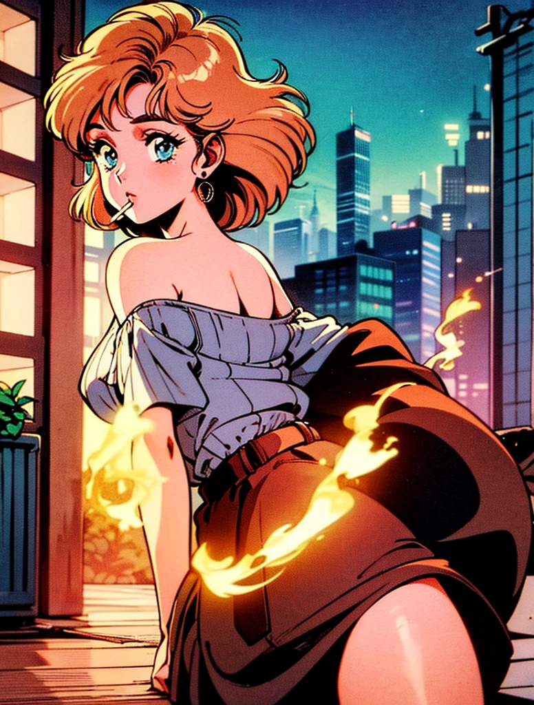 (80's, retro, city pop poster:1.5), (album cover), (masterpiece, best quality), (anime, illustration), 
best photo pose, dynamic angle, cowboy shot,
girl, solo, 80 anime style, 19 year old Russian girl, blonde girl, shoulder height hair, Bangs, Smoking a cigarette, Wearing a white button-down shirt, short sleeves , and a red skirt, Warzone, Green eyes, large breasts, wide hips, perfect detail eyes, delicate face, blue eyes, blonde hair, cigar lighter, cigarette lighter, igniting her cigarette 