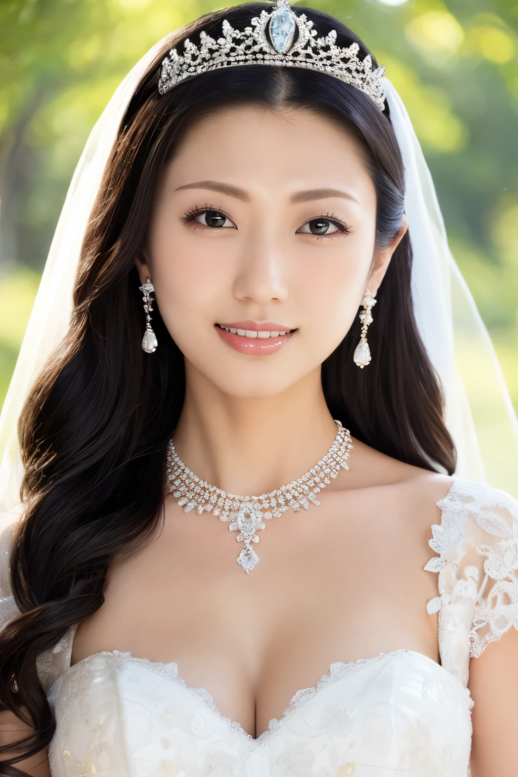 (Highest quality、Tabletop、8K、Best image quality、Award-winning works)、One beautiful bride、(alone:1.1)、(The most extravagant and gorgeous huge pure white wedding dress:1.2)、(Perfect Wedding Lace:1.2)、(The most gorgeous and luxurious giant tiara:1.3)、(The most extravagant and luxurious giant necklace:1.3)、The finest jewellery decoration、Perfect Makeup、Long eyelashes、Ultra HD Shining Eyes、Ultra HD Hair、Ultra High Resolution Glossy Lips、Beautiful face in ultra-high definition、(Accurate anatomy:1.1)、Very bright and beautiful skin、very bright and vivid、Perfect beautiful bridal hairstyles、(Front facing body:1.1)、(The simplest solid color background:1.1)、(Voluptuous body:1.1)、(Large Breasts:1.1)、(Cleavage:1.1)