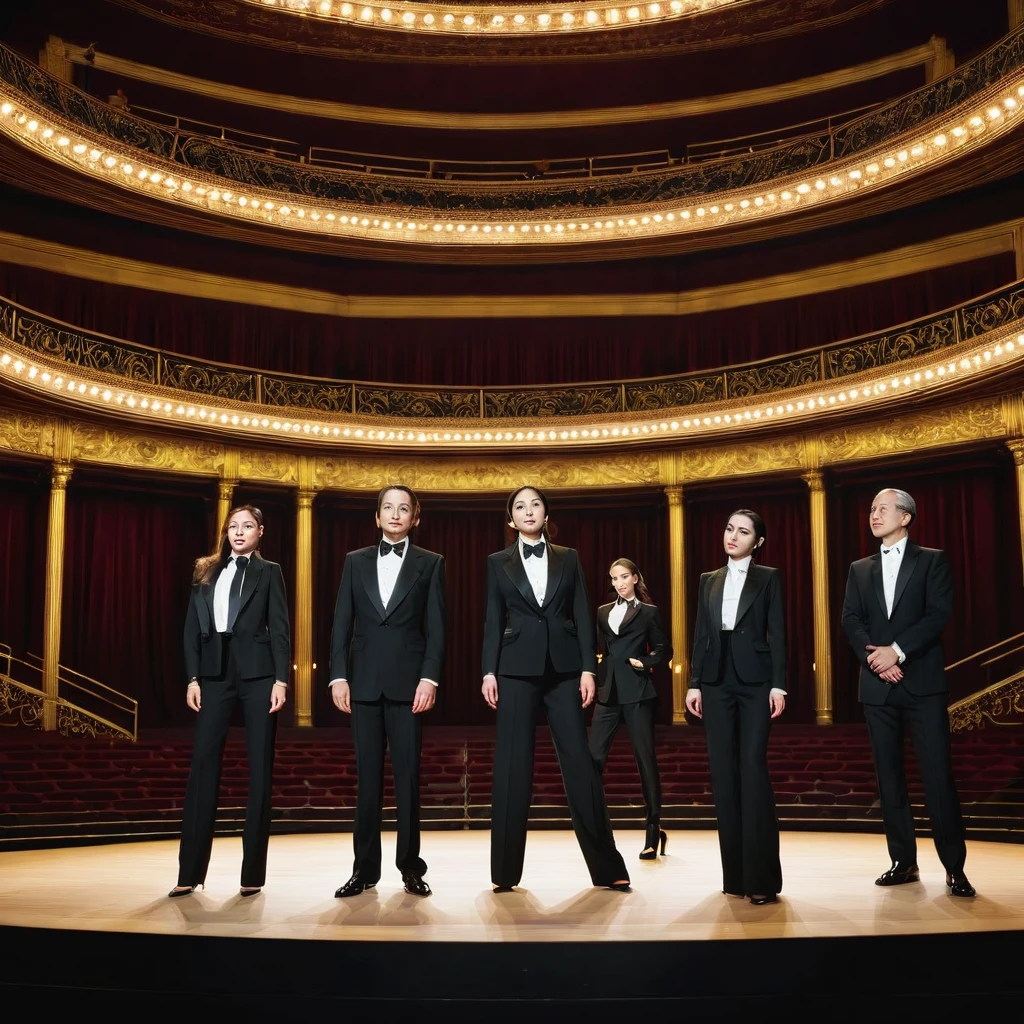 Four man and four woman wearing black suit at opera stage