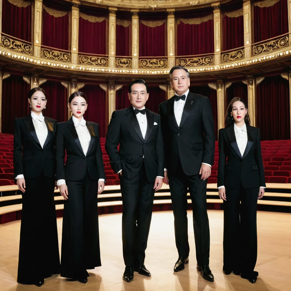 Four man and four woman wearing black suit at opera stage