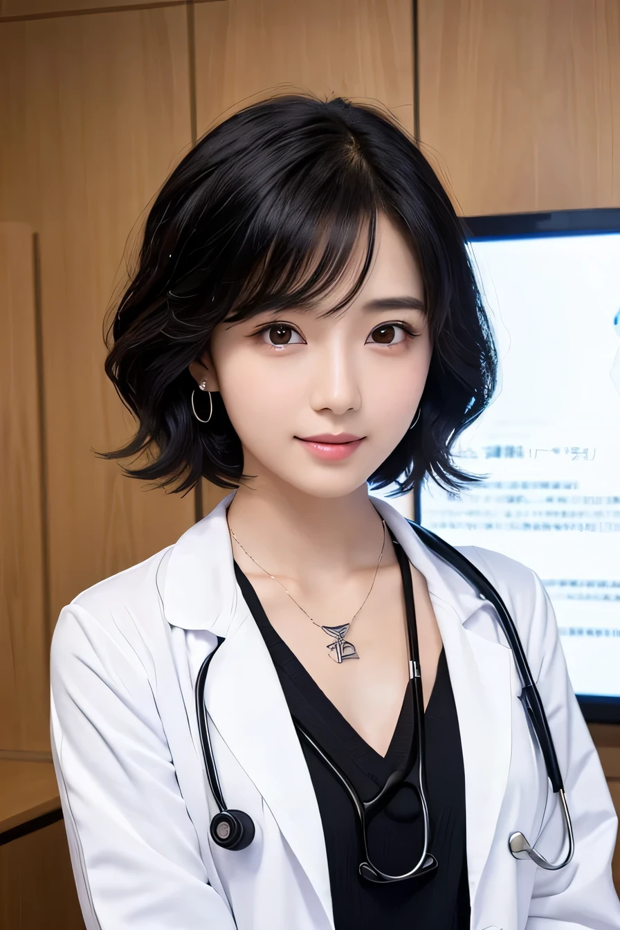 Beautiful young woman、 Japanese women、Black Hair、Necklace around the neck、White、Doctor's attire、Stethoscope、Wavy Hair、short hair、Intricate details, Very detailed:1.2), 、 Looking into the camera,The background is the examination room...、ear piercing

