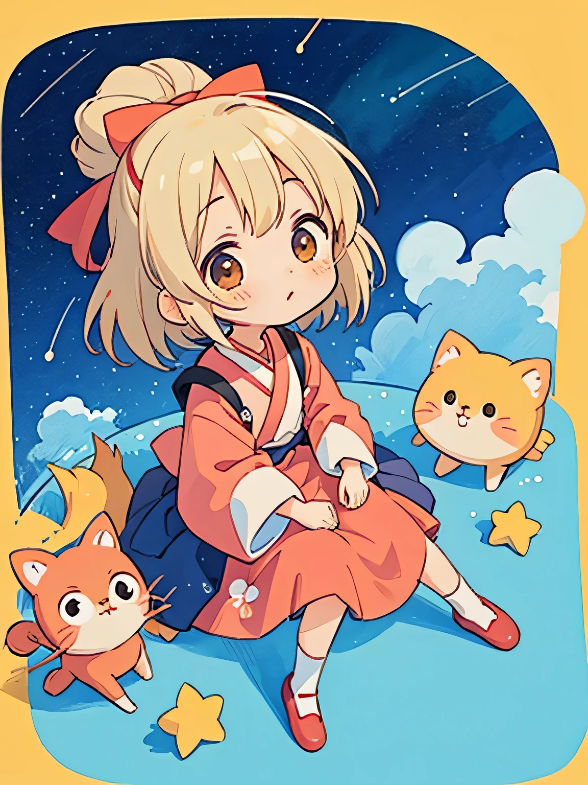 Hayao Mayazaki style, Kawaii Design, The most beautiful girl of all time、Chibi, Sit down and look up at the night sky, かわいいアメーバ, Star of the sky