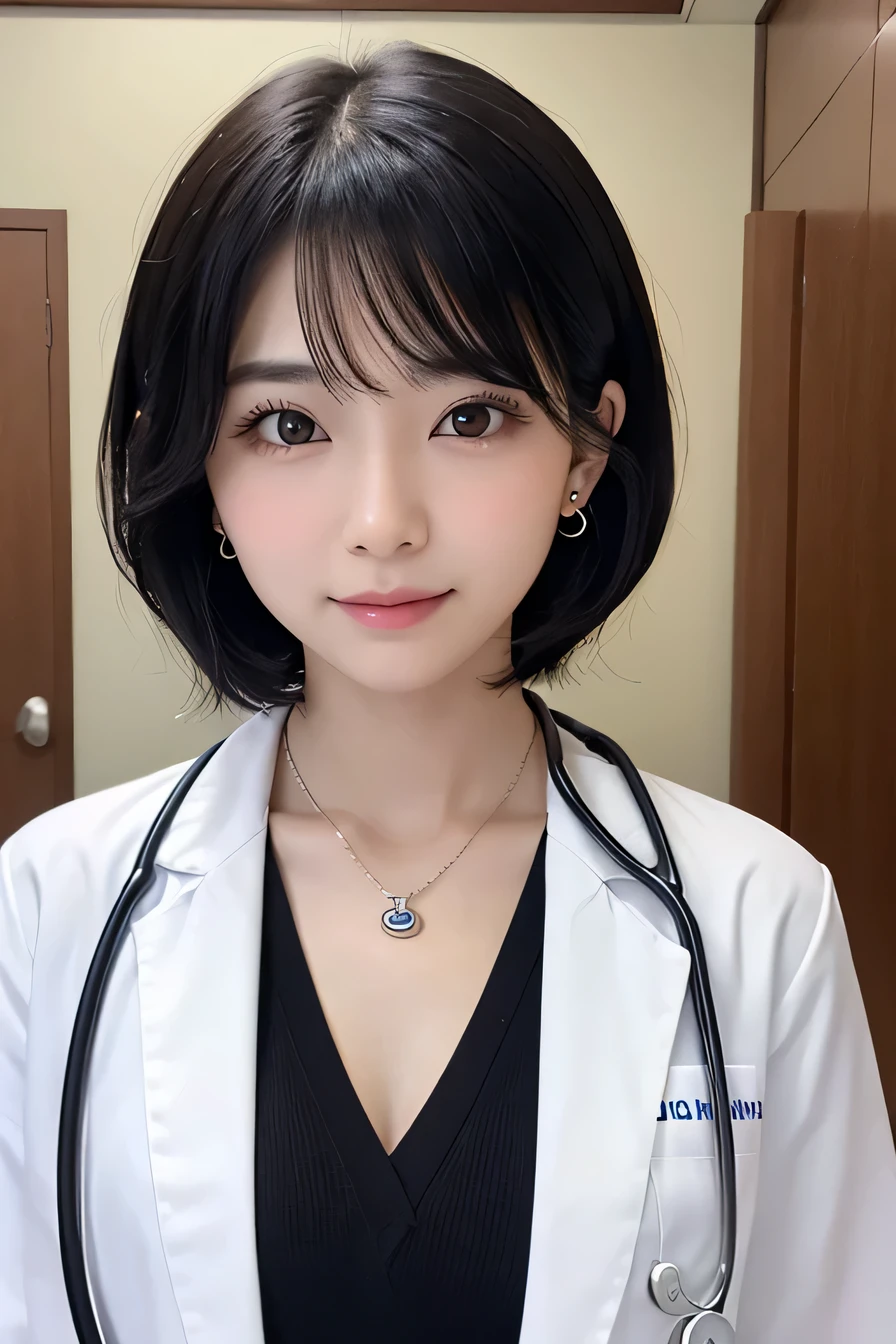 Beautiful young woman、 Japanese women、Black Hair、Necklace around the neck、White、Doctor's attire、Stethoscope、Wavy Hair、short hair、Intricate details, Very detailed:1.2), 、 Looking into the camera,The background is the examination room...、ear piercing