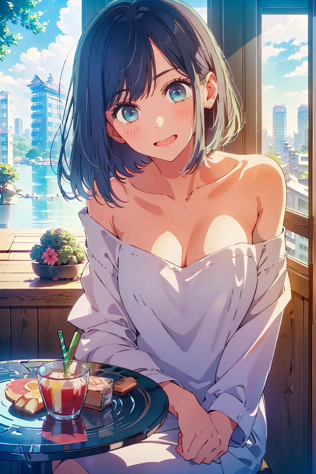 (Highest quality:1.4、8K:1.4、detailed)、F cup bust、Big Breasts、Slim body、Very white beautiful skin、((((1 person、smile、Surprised expression、sit、Chair、In the background are the urban buildings of Tokyo、looking at the camera、Indoor cafe terrace、Navy hair color、Straight Long Hair、juice、Shooting up close、Shooting from an angle、table、Very cute face))))、((((nude、Areola))))、(((Off-the-shoulder blouson)))、(Pose with hair tucked behind ear with one hand:1.5)、Nipples、Very blue sky、A completely cloudless sky