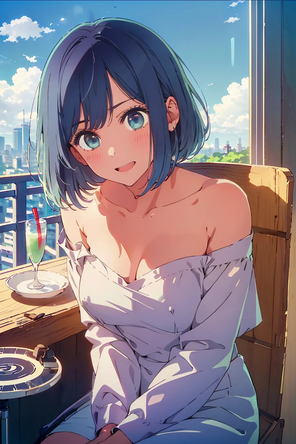 (Highest quality:1.4、8K:1.4、detailed)、F cup bust、Big Breasts、Slim body、Very white beautiful skin、((((1 person、smile、Surprised expression、sit、Chair、In the background are the urban buildings of Tokyo、looking at the camera、Indoor cafe terrace、Navy hair color、Straight Long Hair、juice、Shooting up close、Shooting from an angle、table、Very cute face))))、((((nude、Areola))))、(((Off-the-shoulder blouson)))、(Pose with hair tucked behind ear with one hand:1.5)、Nipples、Very blue sky、A completely cloudless sky
