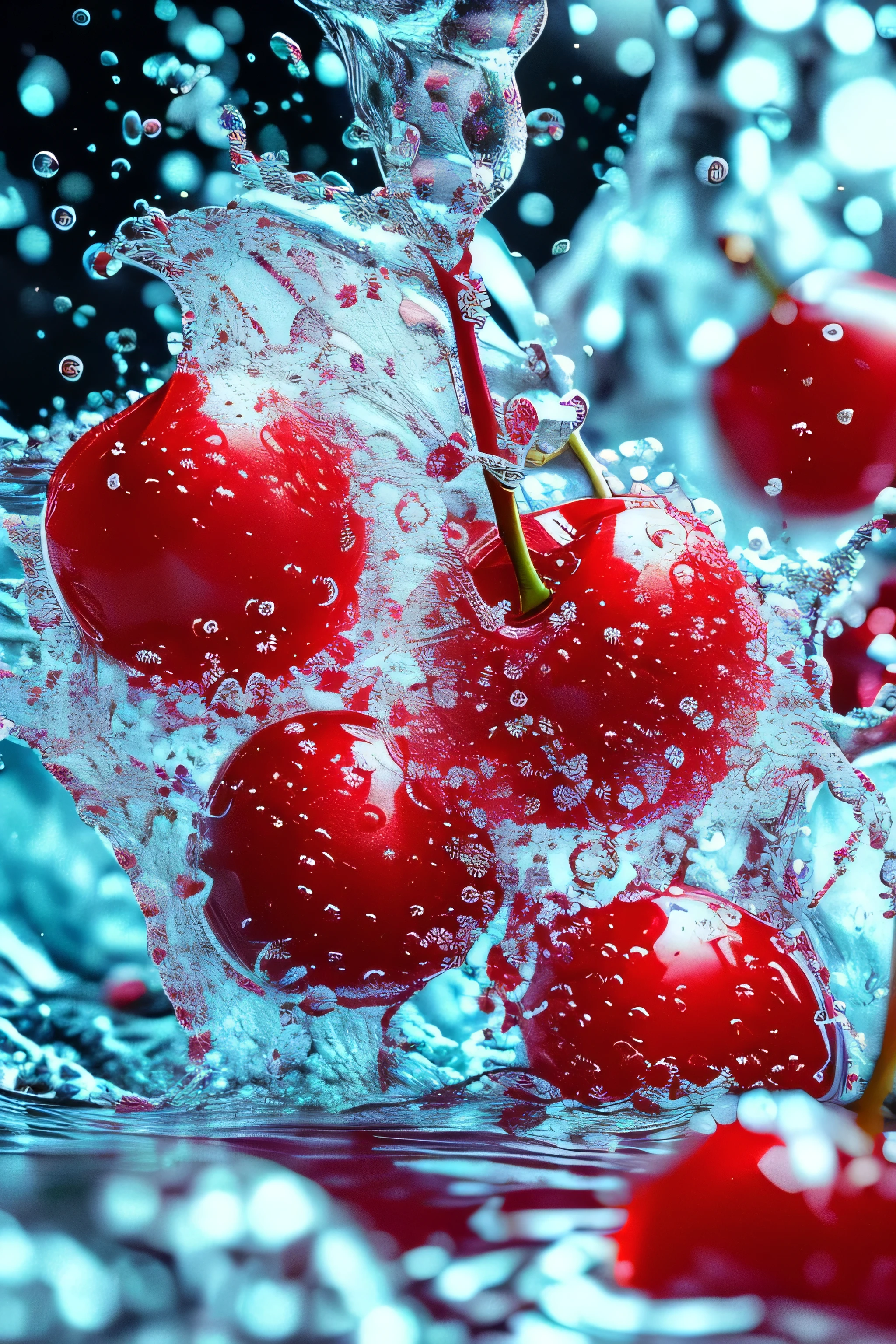 Real photography of 3 cherries falling into water and splashing with water droplets. Commercial advertising style, macro shot, background, warm lighting, cool colors creating splash effect. The cherry is dotted with white light spots, and the cherry falls from above, forming a splashing liquid water ball. HD photography quality.