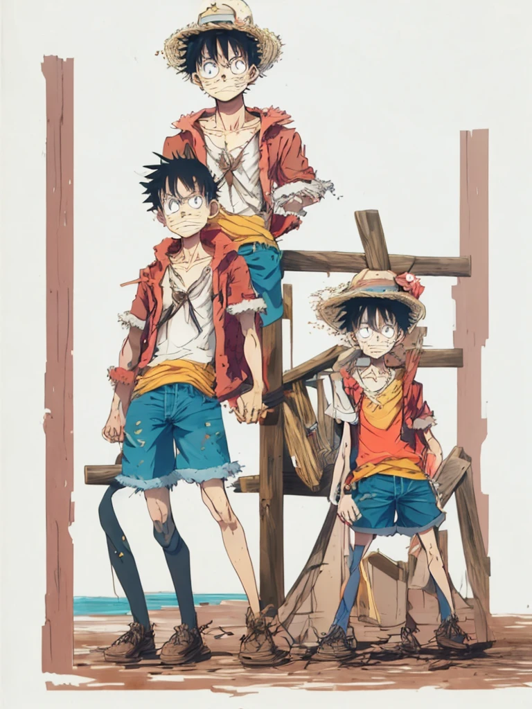 Create an image of Monkey D. Luffy, the protagonist of "One Piece." He is a 19-year-old pirate captain with a lean, muscular build, lightly tanned skin, and messy black hair. His expressive black eyes should convey his cheerful and carefree nature. Luffy is wearing his iconic wide-brimmed straw hat with a red band, a red open-buttoned vest or sleeveless shirt, blue knee-length shorts with a frayed hem, and simple brown sandals. He has a yellow sash tied around his waist and a distinctive scar under his left eye.