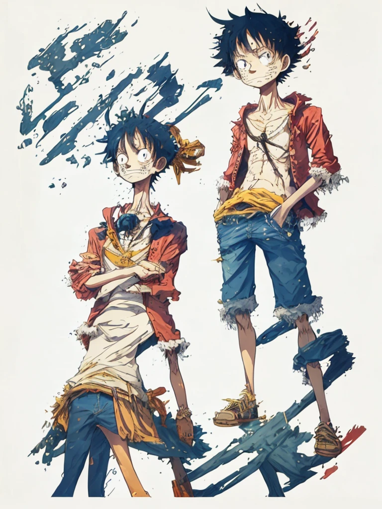 Create an image of Monkey D. Luffy, the protagonist of "One Piece." He is a 19-year-old pirate captain with a lean, muscular build, lightly tanned skin, and messy black hair. His expressive black eyes should convey his cheerful and carefree nature. Luffy is wearing his iconic wide-brimmed straw hat with a red band, a red open-buttoned vest or sleeveless shirt, blue knee-length shorts with a frayed hem, and simple brown sandals. He has a yellow sash tied around his waist and a distinctive scar under his left eye.