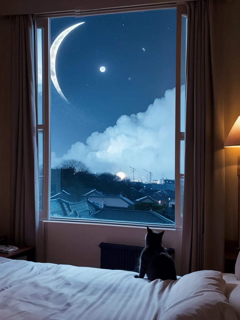 Cat、night、room、On the bed、The moon seen from the window
