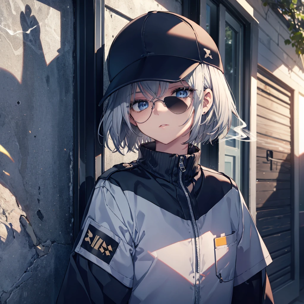 (((Smoke a cigarette Wear sunglasses Security Officer Wear a hat 1 person))) (((Gray Hair Short Hair blue eyes girl))),((noon wilderness In the middle of the desert)),(Shining Sun Rolling Skull), Shining Background Shining Edge