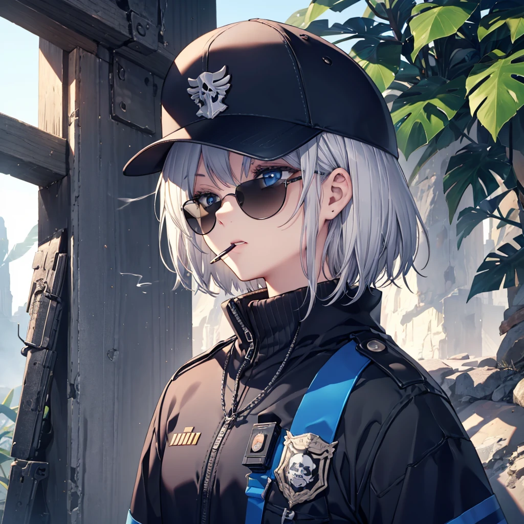 (((Smoke a cigarette Wear sunglasses Security Officer Wear a hat 1 person))) (((Gray Hair Short Hair blue eyes girl))),((noon wilderness In the middle of the desert)),(Shining Sun Rolling Skull), Shining Background Shining Edge