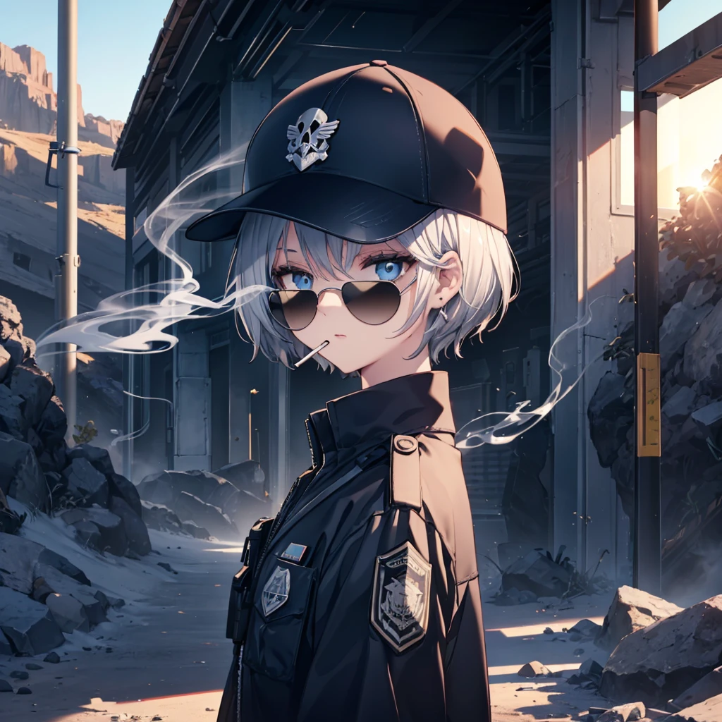 (((Smoke a cigarette Wear sunglasses Security Officer Wear a hat 1 person))) (((Gray Hair Short Hair blue eyes girl))),((noon wilderness In the middle of the desert)),(Shining Sun Rolling Skull), Shining Background Shining Edge