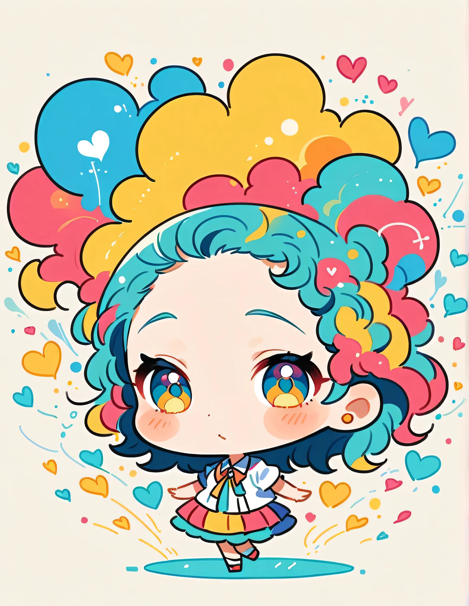 Mika Pikazo style, Simple Line Initialism,Abstract art,Urban Background, colorful hearts ,(((The most beautiful girl of all time))), (((chibi))), happy dance